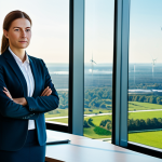 A professional business leader, of ambiguous gender, stands with a thoughtful expression in a sleek, modern office. Large panoramic windows behind them showcase a vibrant city skyline that seamlessly transitions into a lush, green landscape dotted with advanced renewable energy infrastructure, including clean wind turbines and solar panel arrays. In the foreground, a subtle, glowing holographic compass points towards the sustainable horizon, symbolizing ethical guidance. The leader is dressed in a modest, well-tailored business suit, fully clothed. Professional photography, high resolution, realistic, natural lighting, sharp focus, vibrant colors, perfect anatomy, correct proportions, well-formed hands, proper finger count, natural body proportions, safe for work, appropriate content, family-friendly.