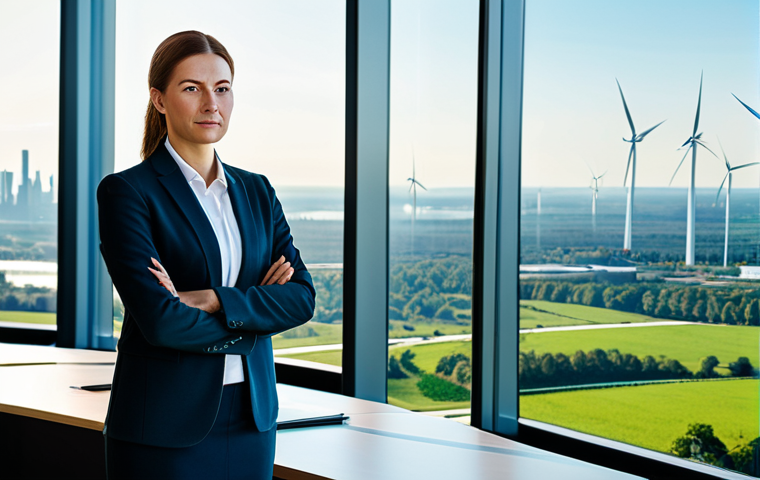 A professional business leader, of ambiguous gender, stands with a thoughtful expression in a sleek, modern office. Large panoramic windows behind them showcase a vibrant city skyline that seamlessly transitions into a lush, green landscape dotted with advanced renewable energy infrastructure, including clean wind turbines and solar panel arrays. In the foreground, a subtle, glowing holographic compass points towards the sustainable horizon, symbolizing ethical guidance. The leader is dressed in a modest, well-tailored business suit, fully clothed. Professional photography, high resolution, realistic, natural lighting, sharp focus, vibrant colors, perfect anatomy, correct proportions, well-formed hands, proper finger count, natural body proportions, safe for work, appropriate content, family-friendly.